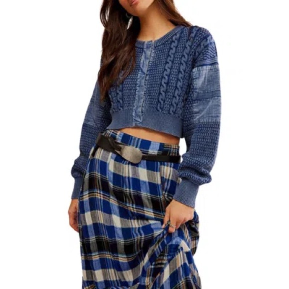 We The Free Blue Cable Knit Heritage Cardigan